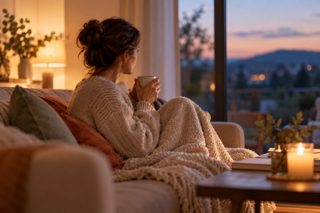 Femme assise sur un canapé, une tasse à la main, regardant par la fenêtre au crépuscule, illustrant l'angoisse du soir.