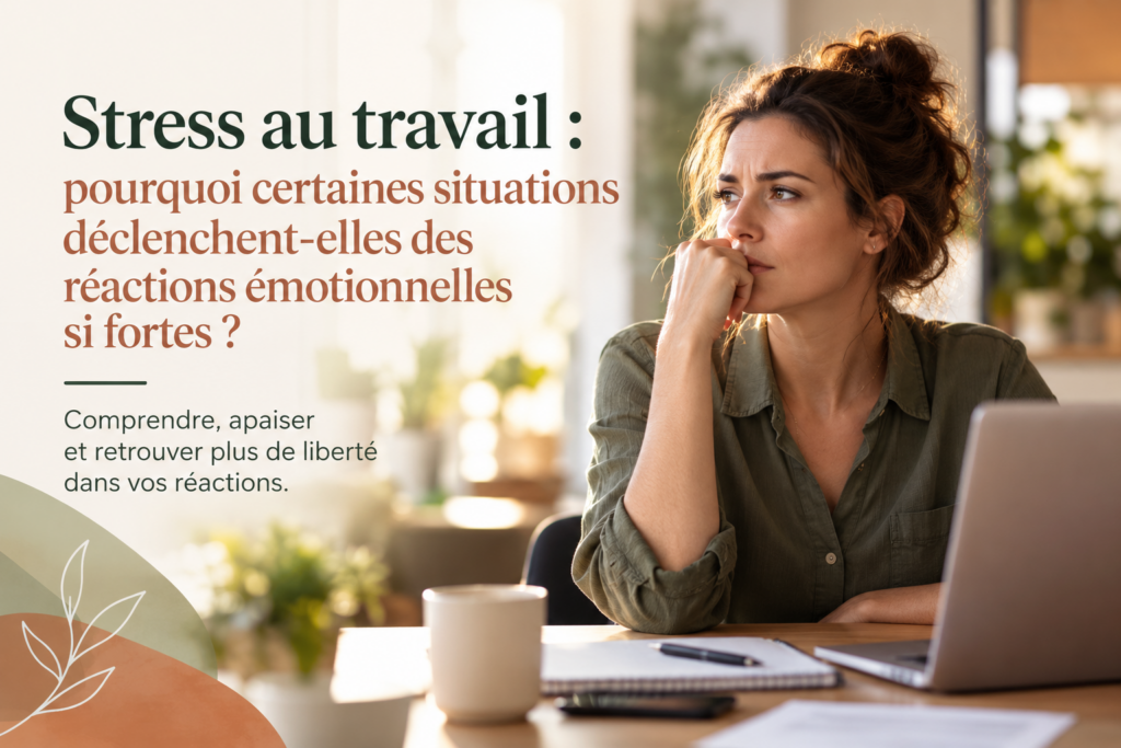 Femme préoccupée devant son ordinateur, illustrant le stress au travail et les réactions émotionnelles